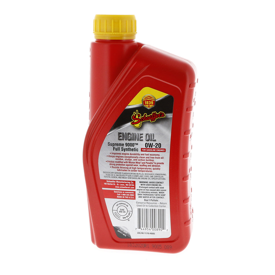 Schaeffer 9005 Supreme 9000 Full Synthetic Engine Oil 0W-20 (1 Quart)